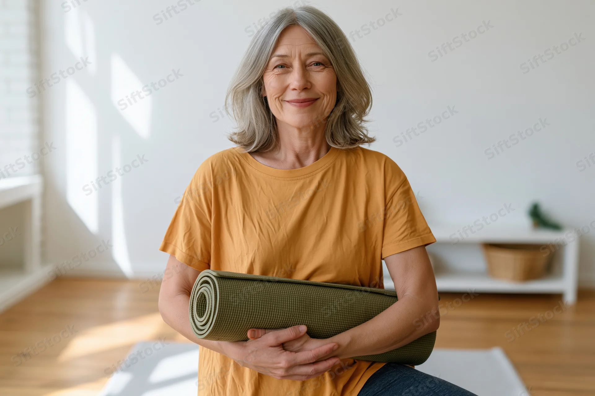 Senior woman holding a rolled yoga mat smiling in a bright home interior