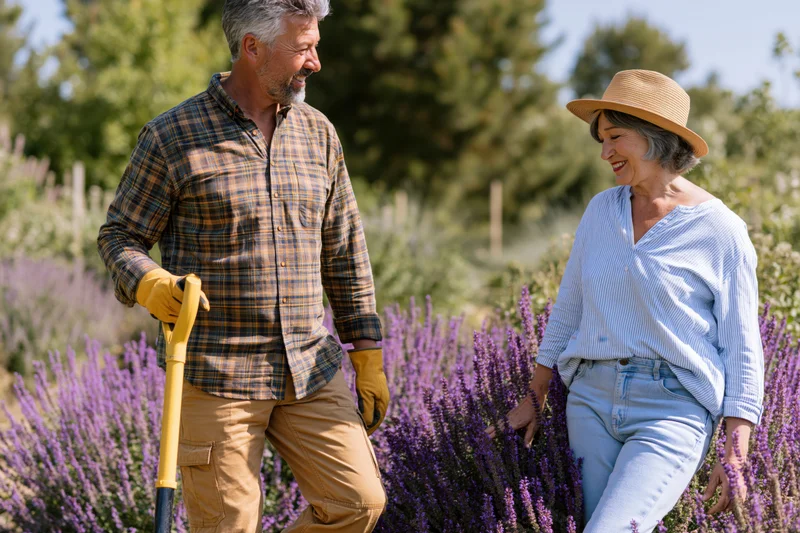 Senior couple gardening in a lavender field on a sunny day