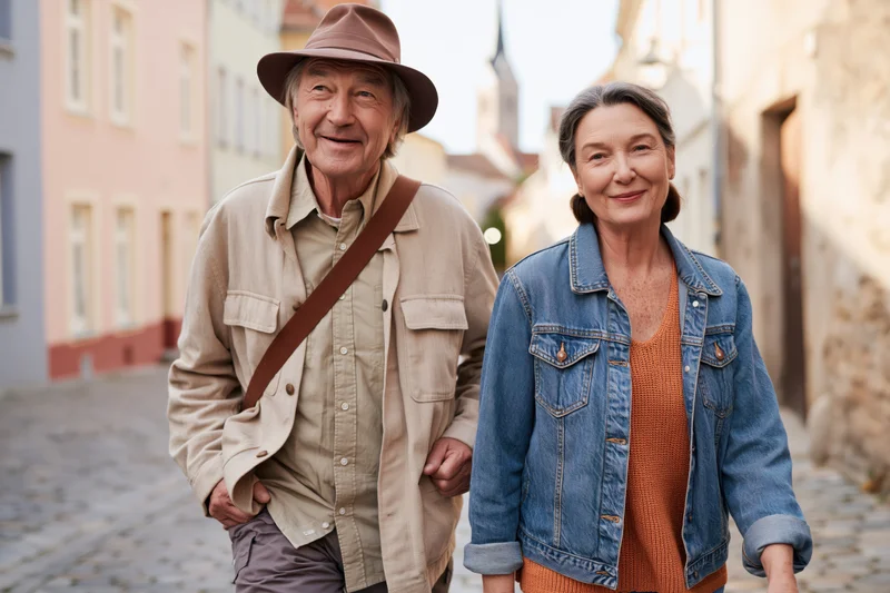 Senior couple walking hand in hand on a cobblestone street in a historic european town