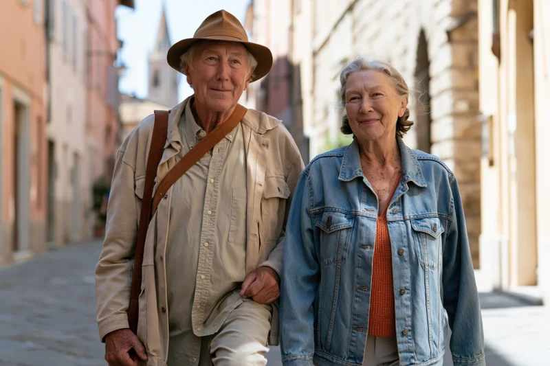 Senior couple walking arm in arm down a sunlit cobblestone street in an old european town