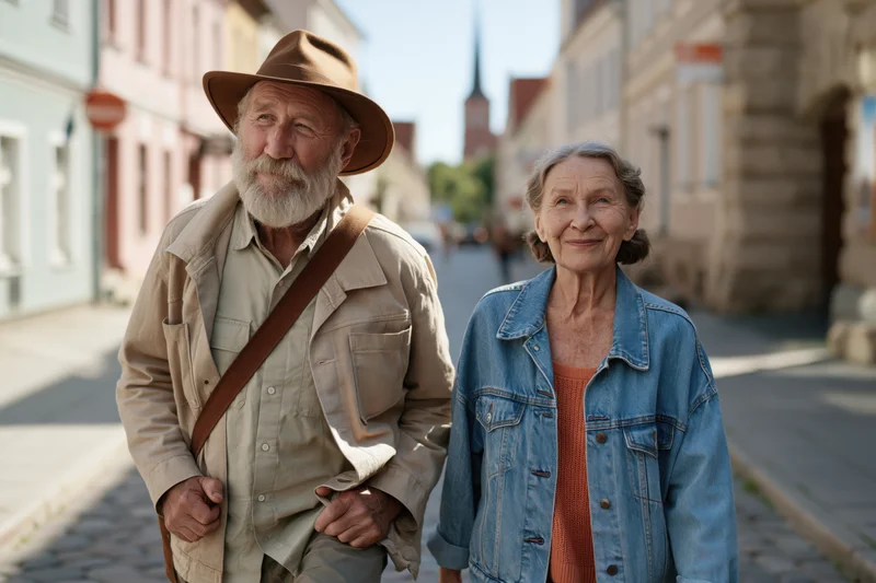 Senior couple walking along cobblestone street in european town