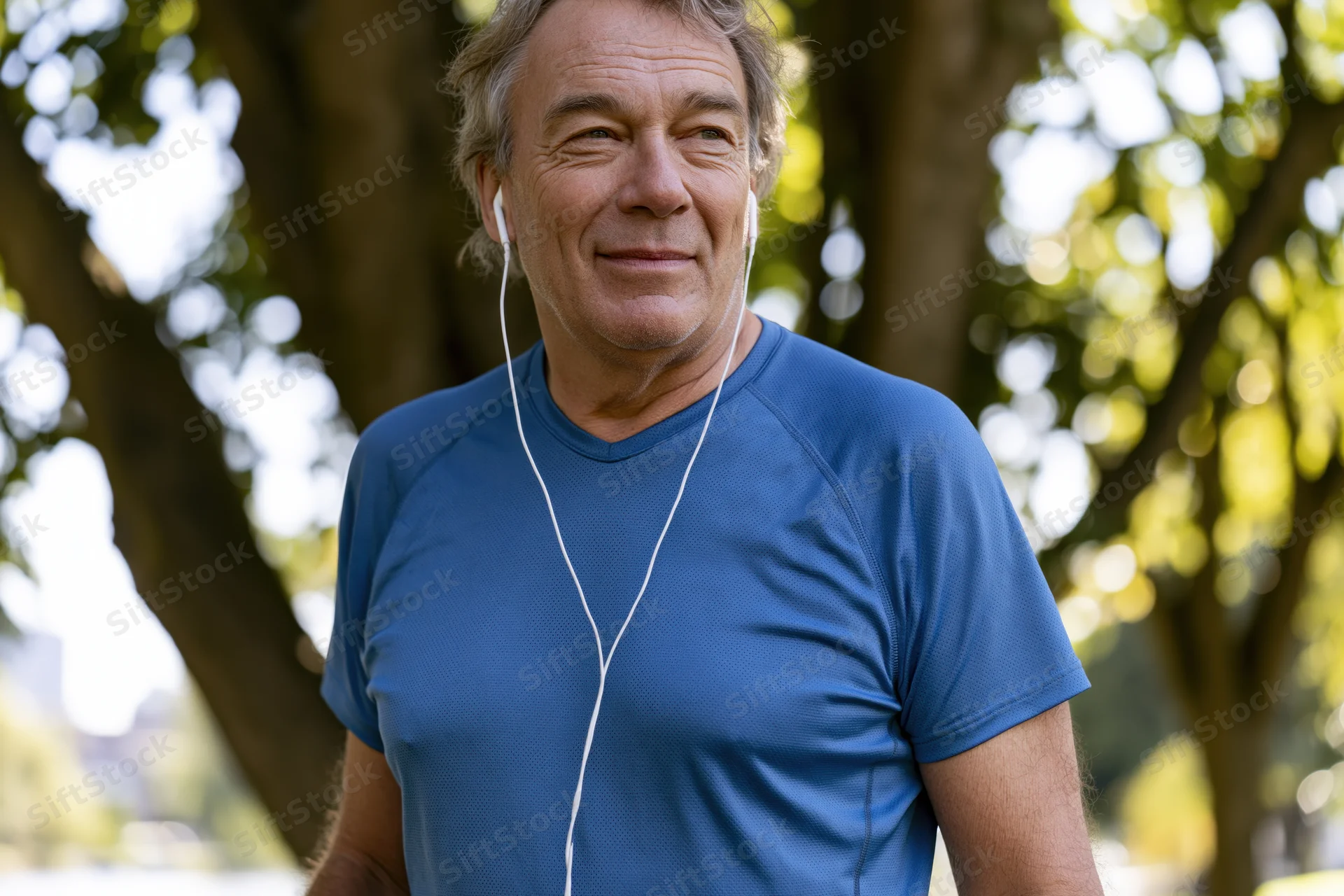 Smiling senior man in blue athletic shirt with earphones outdoors in a park
