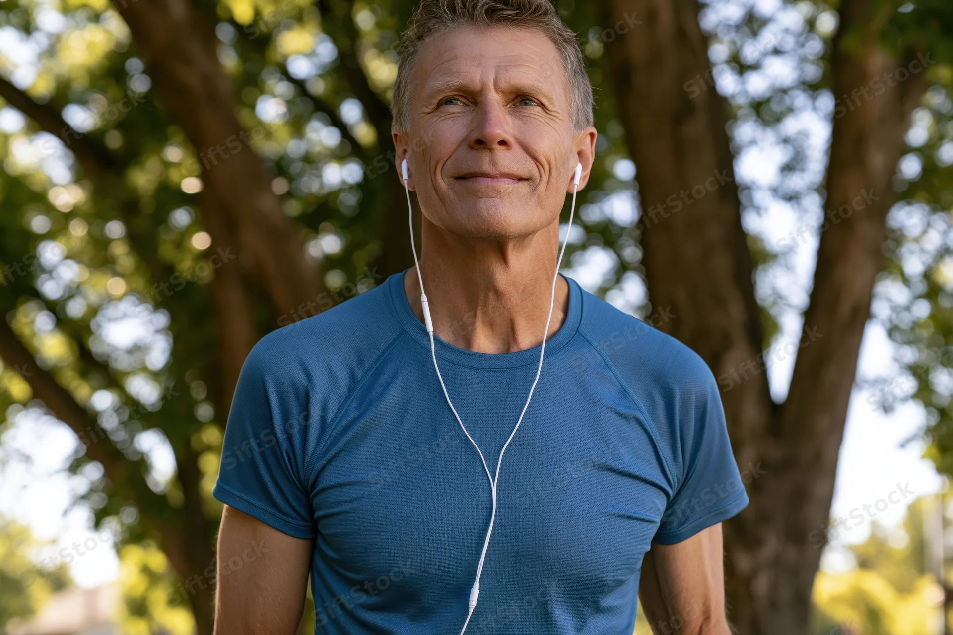 Middleaged man smiling while wearing earphones outdoors in a park
