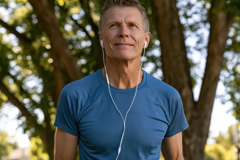 Middleaged man smiling while wearing earphones outdoors in a park