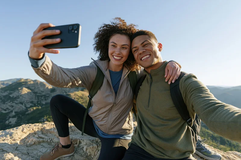 Couple taking selfie on mountain summit with backpacks and smartphone