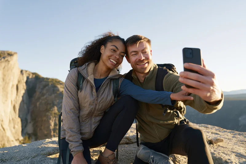 Couple taking a selfie on a rocky mountain ledge during a hike