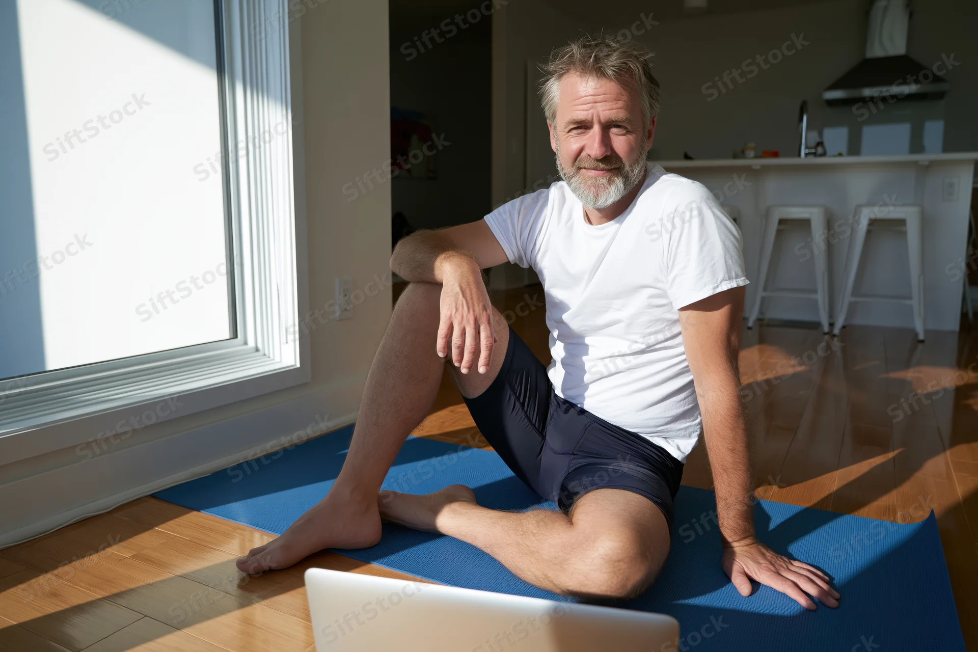 Middle-aged man sitting on yoga mat in living room with laptop near window