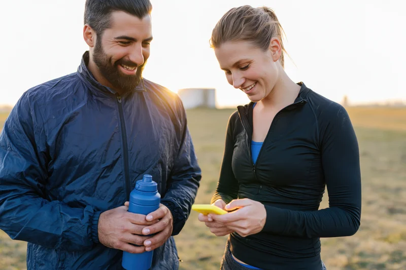Man and woman smiling while checking phone and holding water bottle during outdoor workout at golden hour