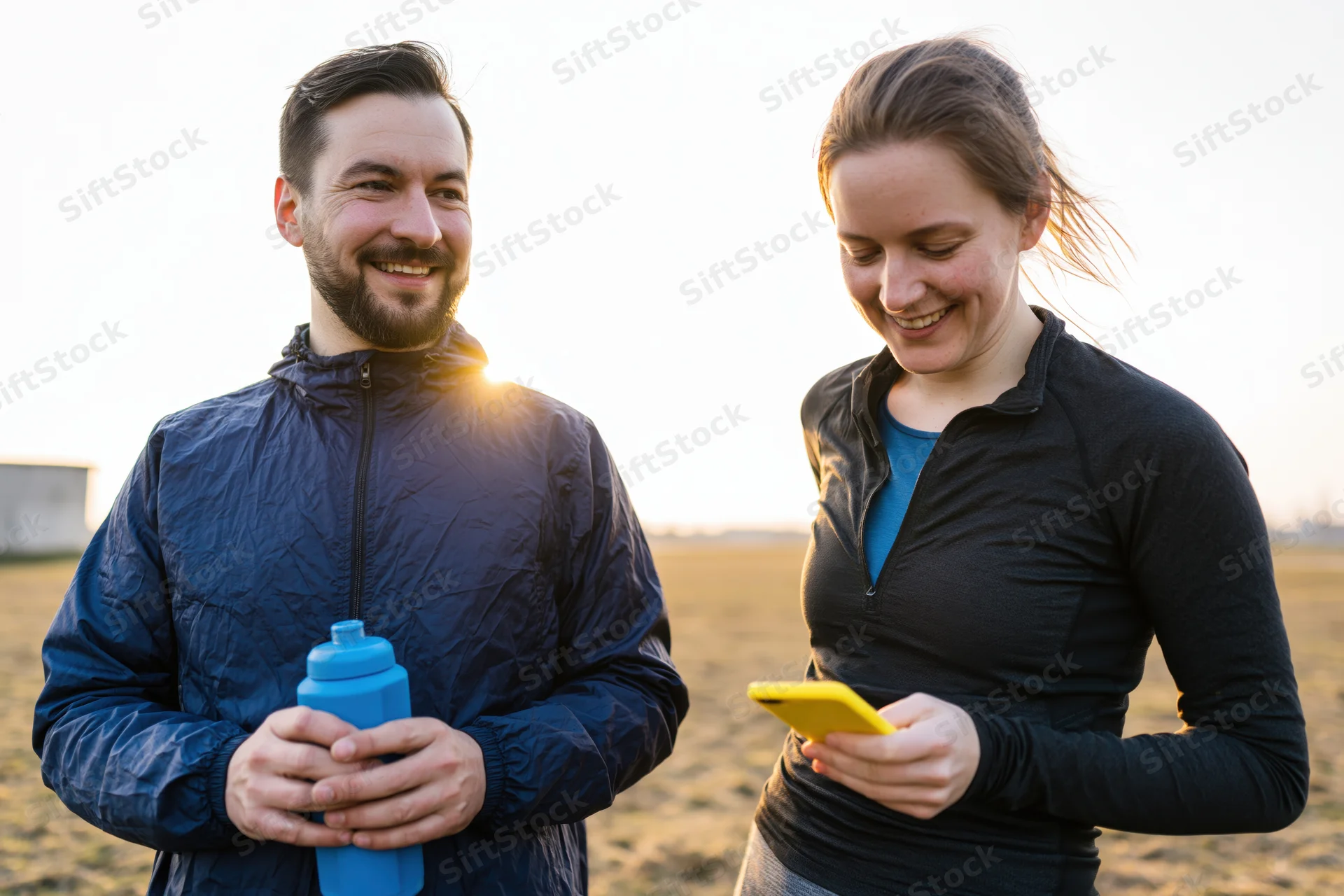 Man and woman smiling while exercising outdoors at golden hour, holding phone and water bottle in open field