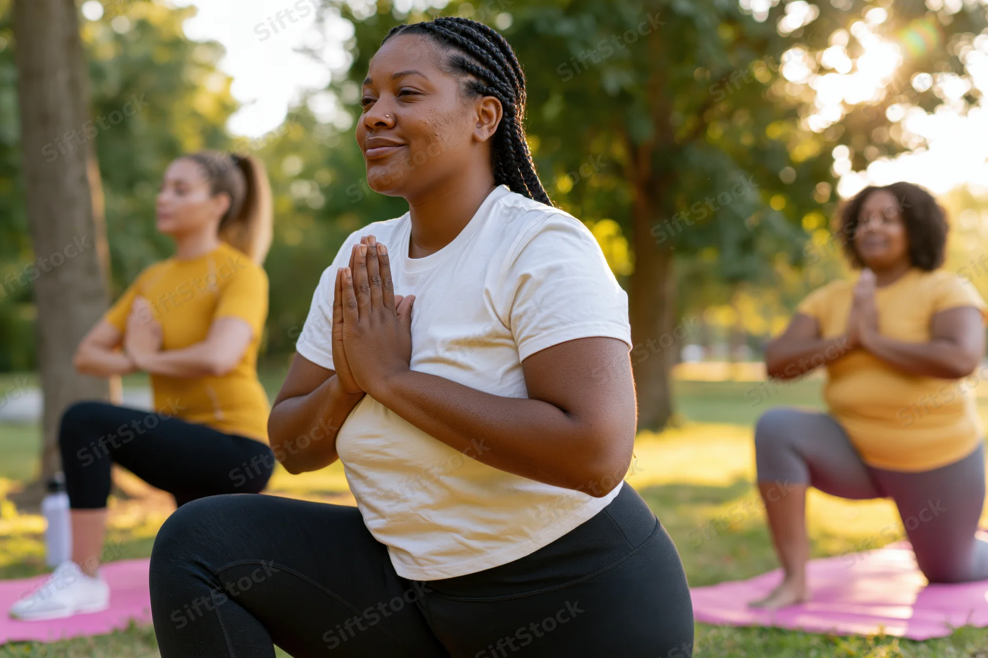 Woman in yoga pose with hands in prayer position in park with two other women practicing on mats