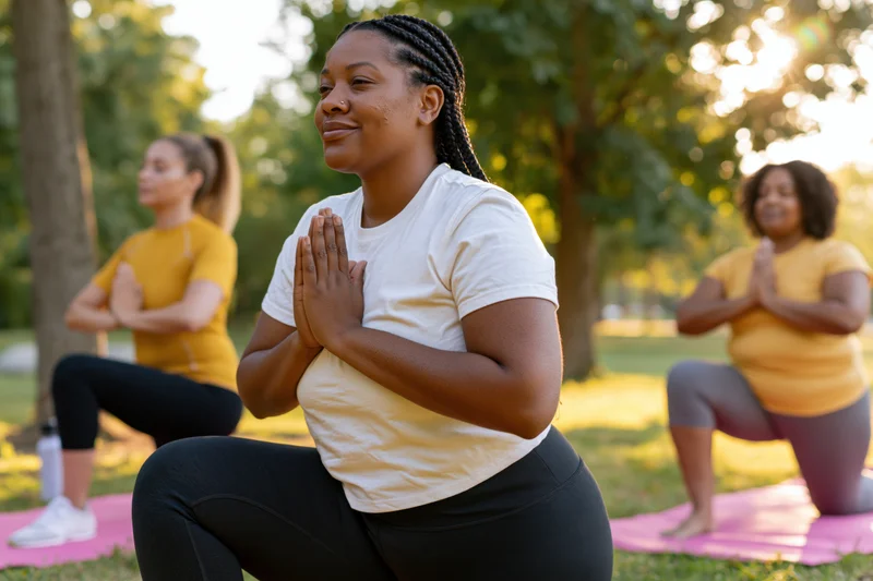 Woman in yoga pose with hands in prayer position in park with two other women practicing on mats