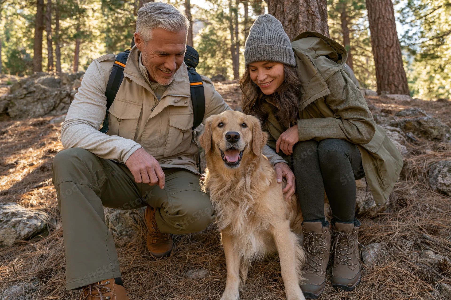 Couple crouching with golden retriever in pine forest clearing