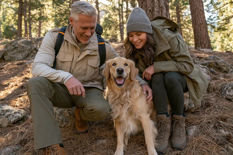 Couple crouching with golden retriever in pine forest clearing