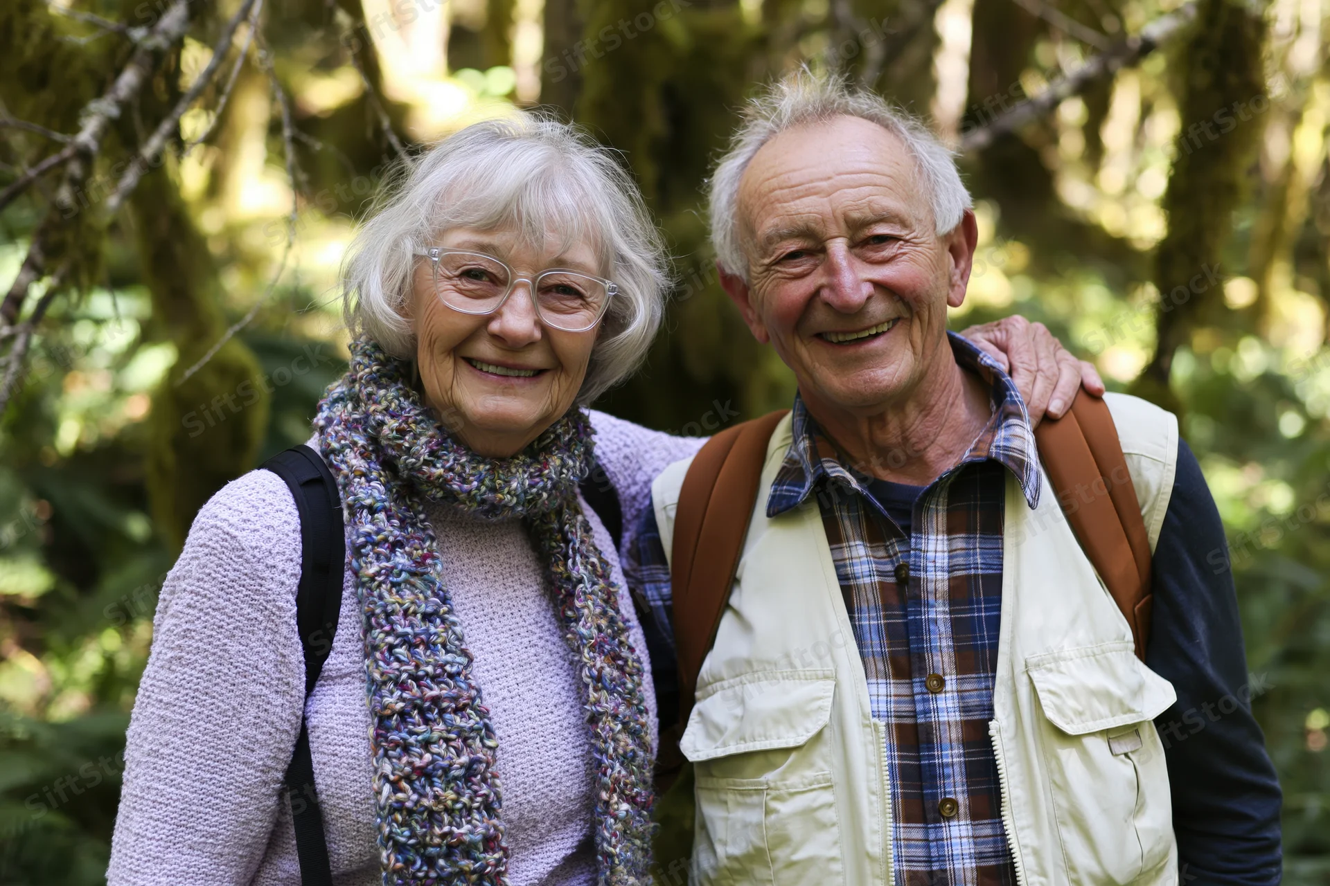 Elderly couple smiling together in a mossy forest while hiking