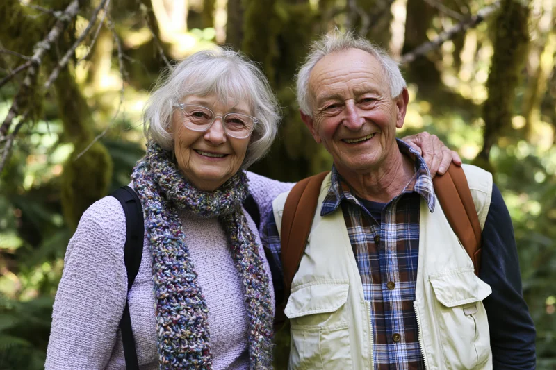 Unretouched portrait of an elderly couple in a forest
