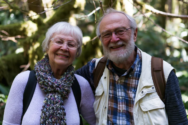Elderly couple smiling together in a mossy forest while hiking