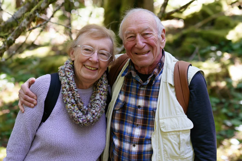 Elderly couple smiling together in a forest with backpacks and outdoor clothing