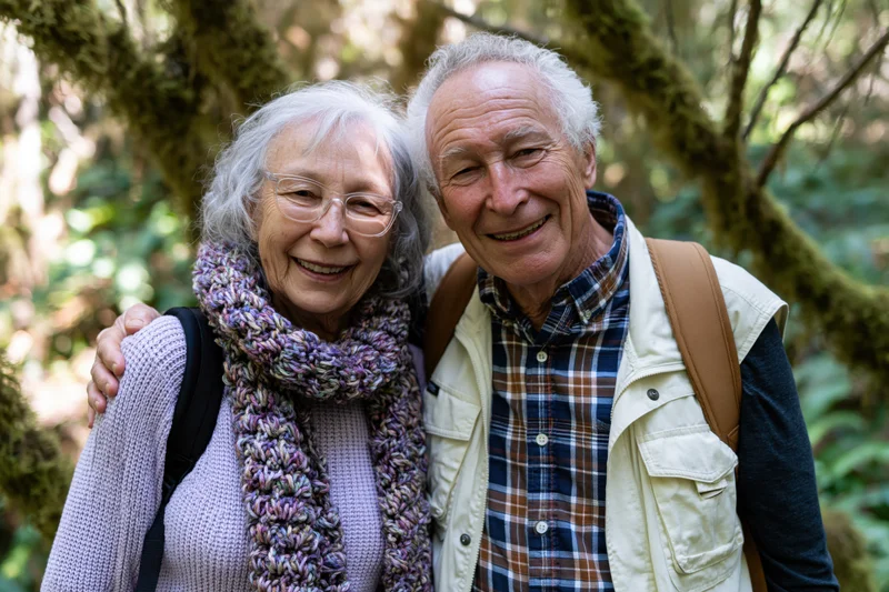 Elderly couple smiling together in a mossy forest while hiking