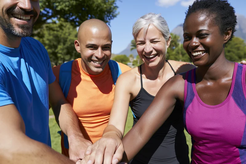 Four friends smiling outdoors with hands stacked in unity during a sunny day in a park