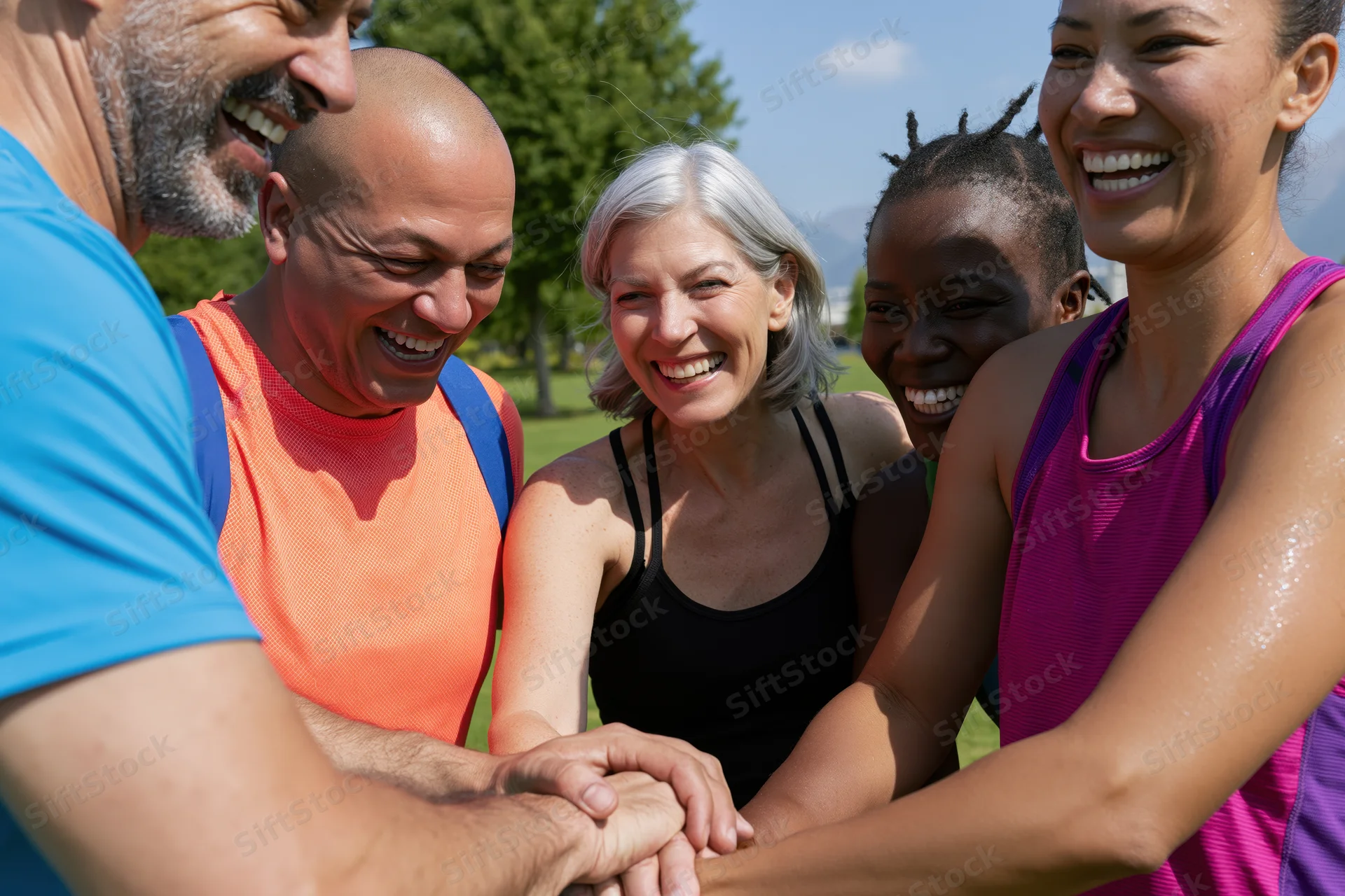 Diverse friends huddling together with hands clasped in a park during a sunny day
