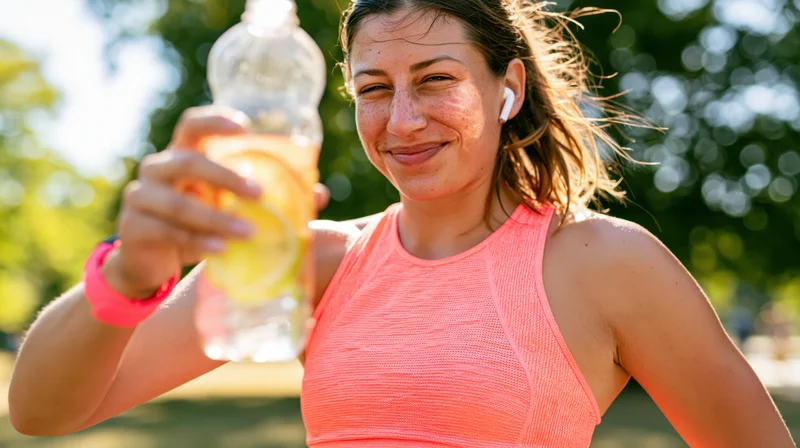 Woman smiling while holding a lemon-infused water bottle after outdoor workout in park