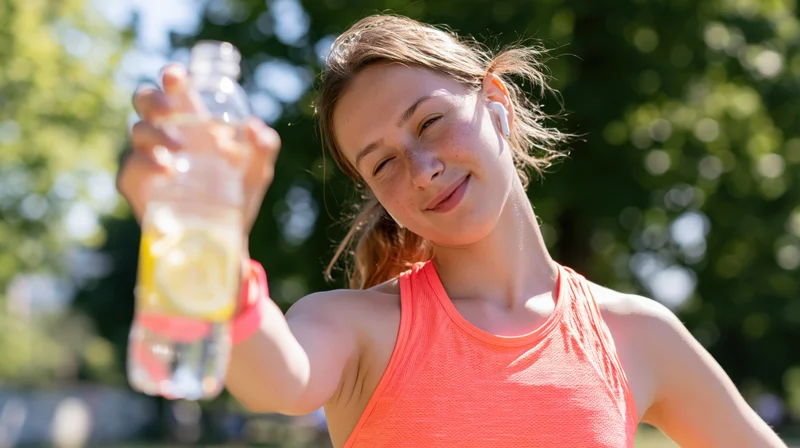 Young woman winking while holding a lemon water bottle outdoors in a park