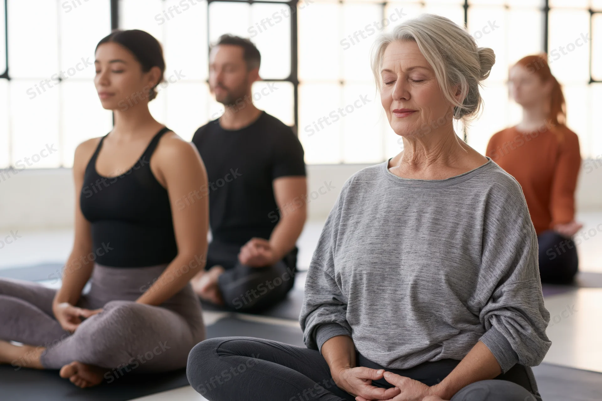 Senior woman meditating cross-legged with eyes closed in a bright studio with others in the background