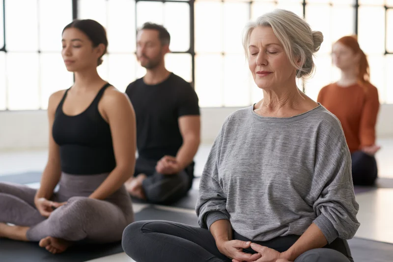 Senior woman meditating cross-legged with eyes closed in a bright studio with others in the background