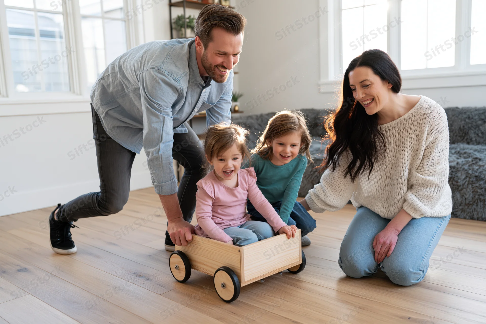Family playing with wooden wagon indoors in bright living room
