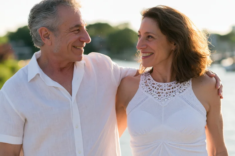 Middle aged couple smiling at each other outdoors by the water at sunset