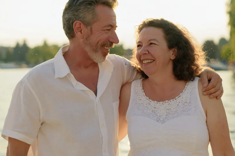 Middle aged couple smiling at each other outdoors by a lake at sunset