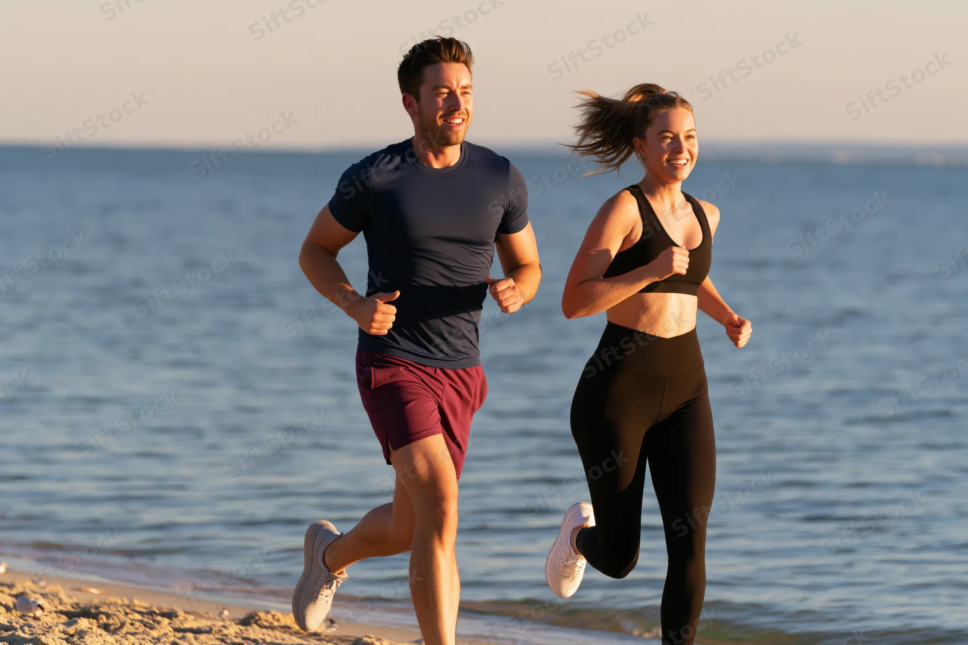 Couple running along the beach at sunset in athletic wear