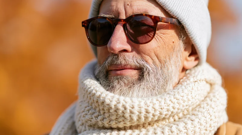 Senior man wearing sunglasses and knit scarf outdoors in autumn light