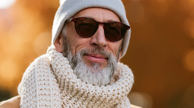 Senior man smiling outdoors in autumn light wearing knitted scarf and beanie