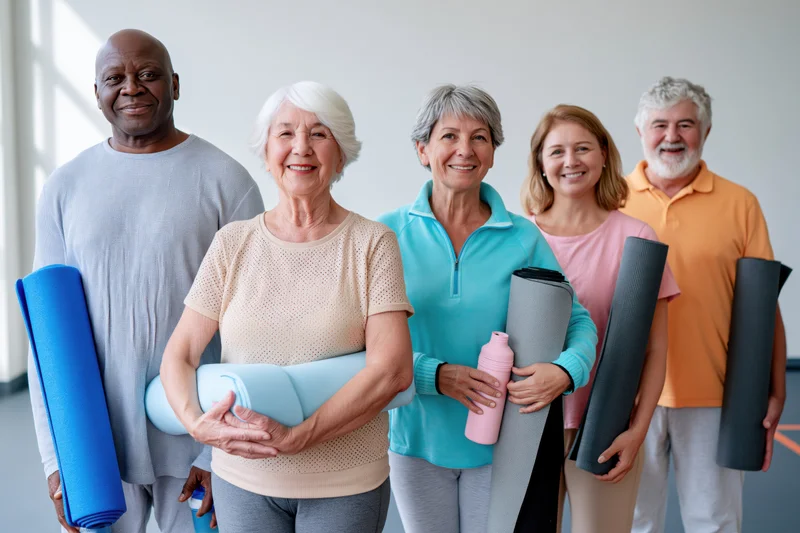 Group of smiling seniors holding yoga mats and water bottles in a bright gym studio