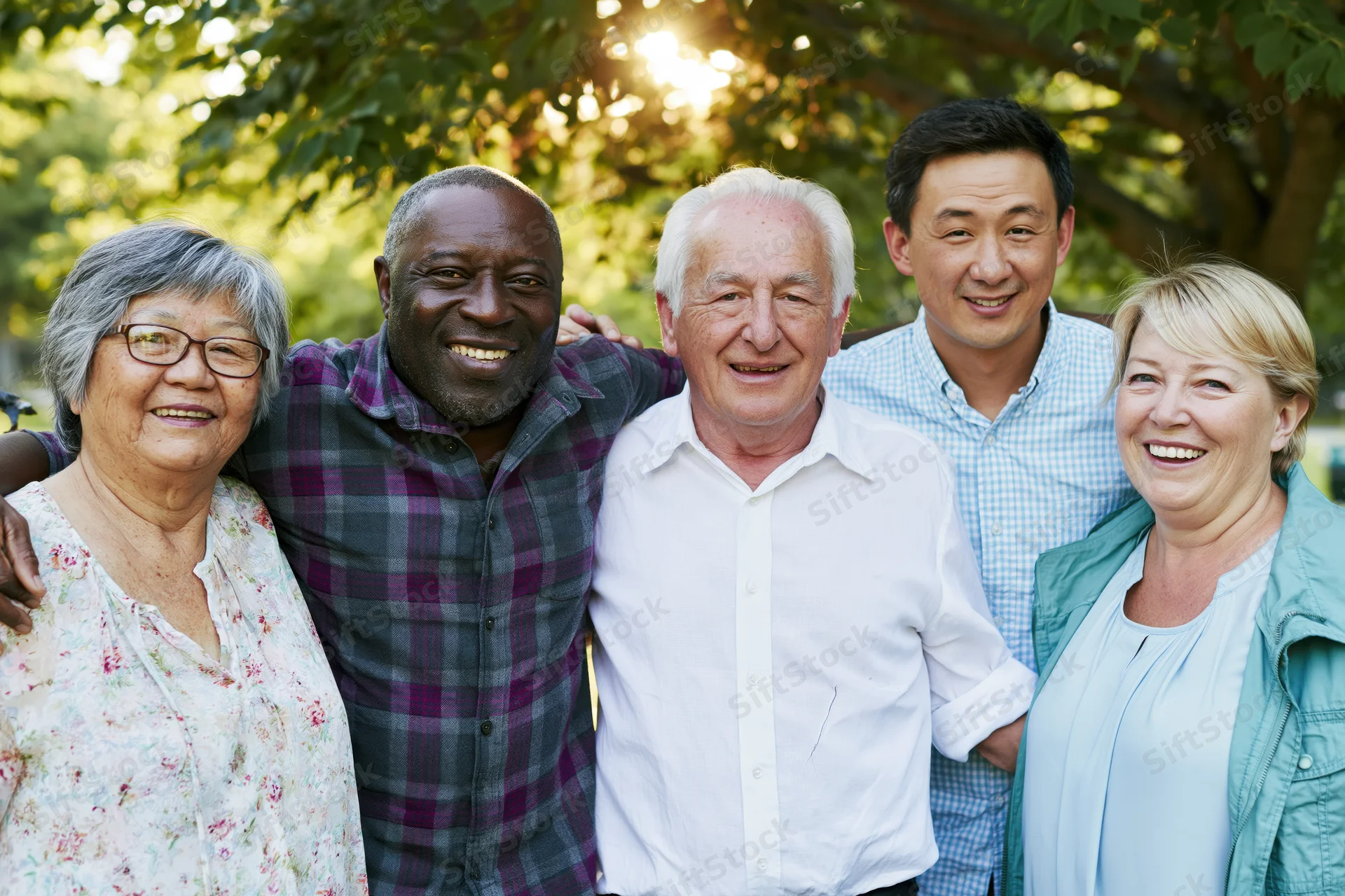 Five smiling seniors of diverse ethnicities standing together in a park under leafy trees
