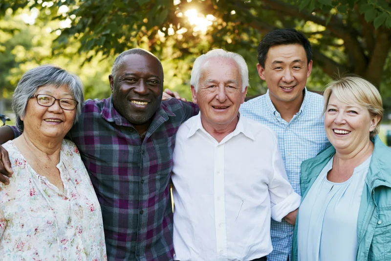 Five smiling seniors of diverse ethnicities standing together in a park under leafy trees