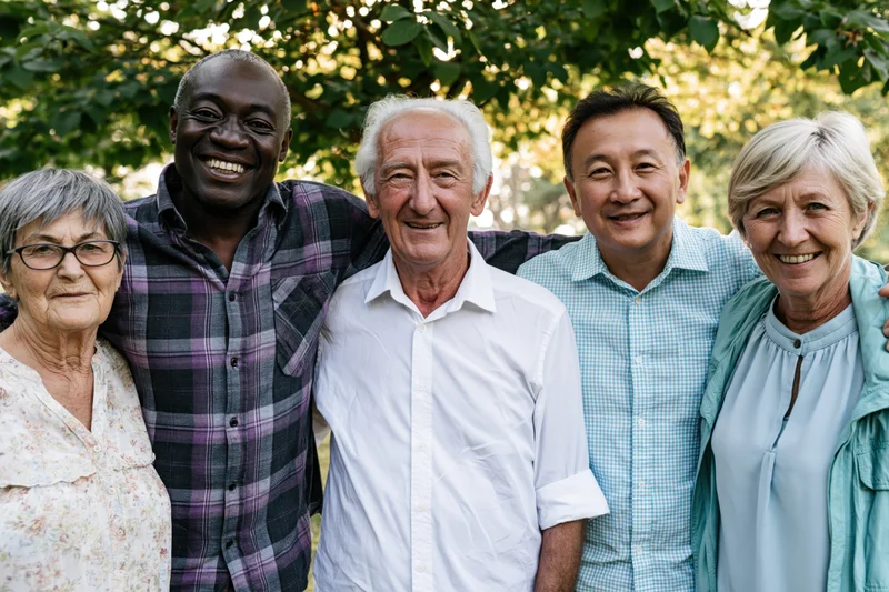Five smiling seniors of diverse ethnicities standing together in a park under leafy trees