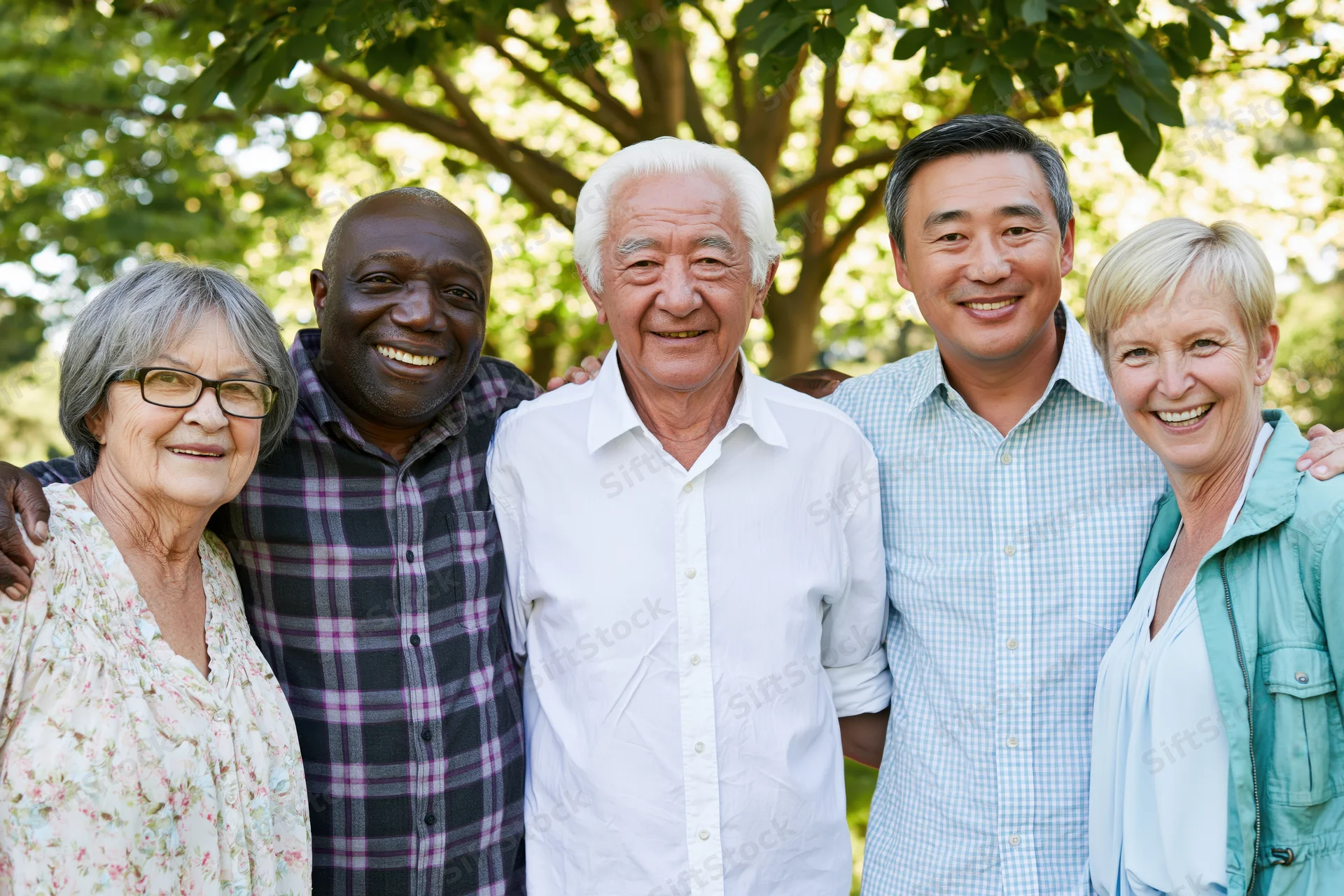Five smiling seniors posing together in a park under leafy trees