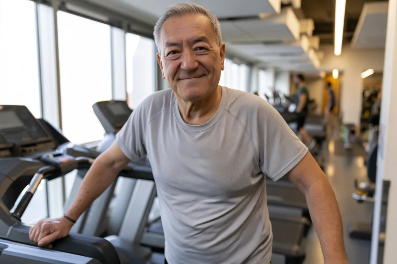 Senior man smiling while leaning on treadmill in gym