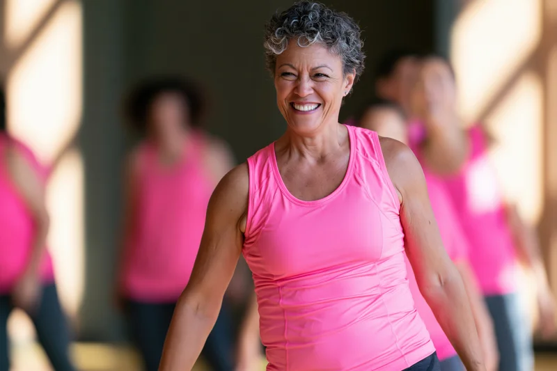 Smiling middle-aged woman in pink tank top leading a group fitness class indoors