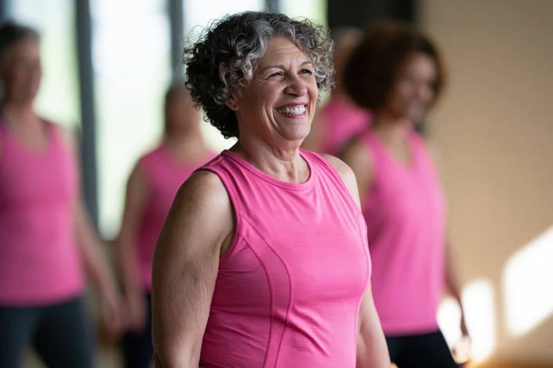 Smiling senior woman in pink tank top during indoor fitness class with group in background