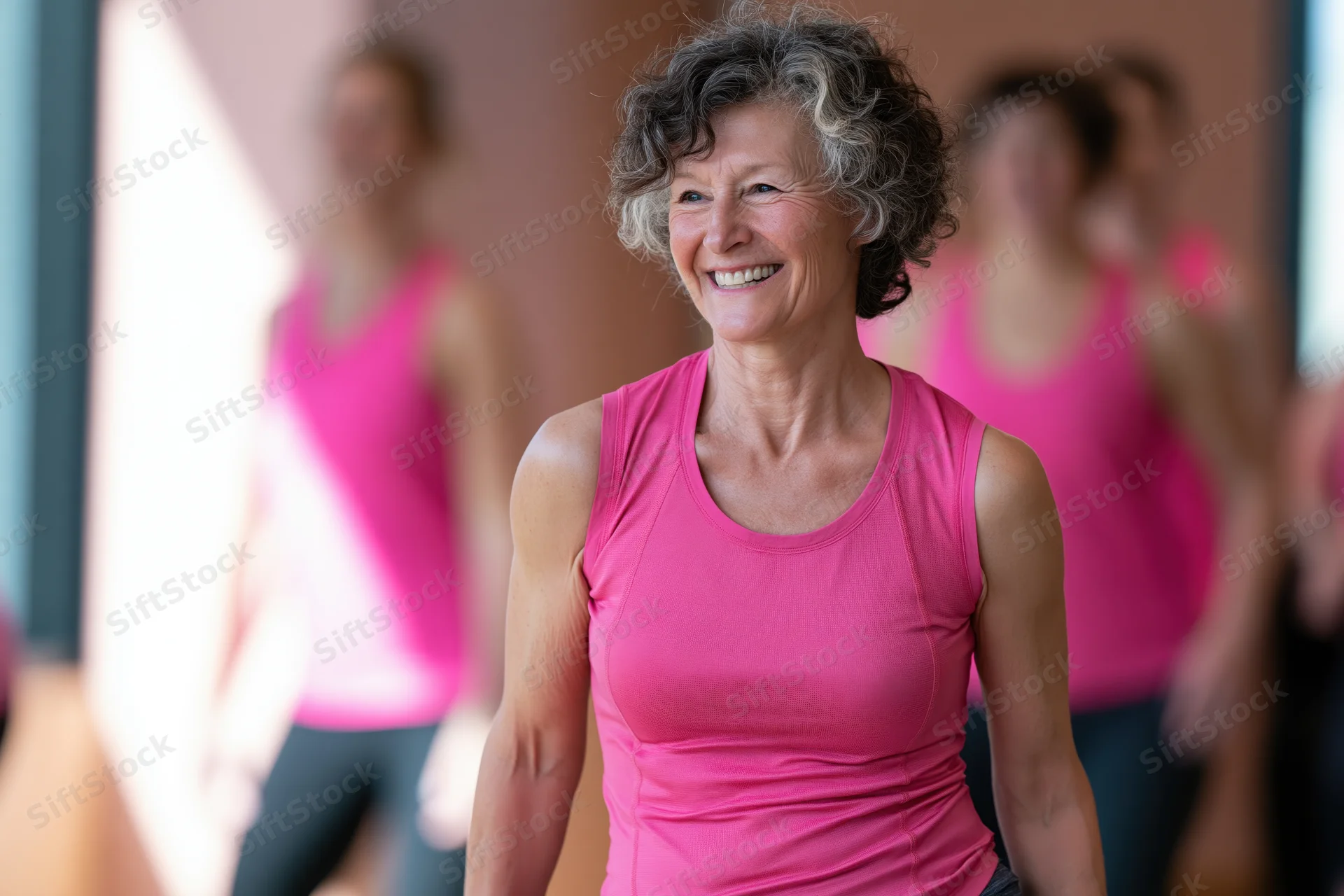 Smiling senior woman in pink tank top during indoor fitness class with blurred participants in background
