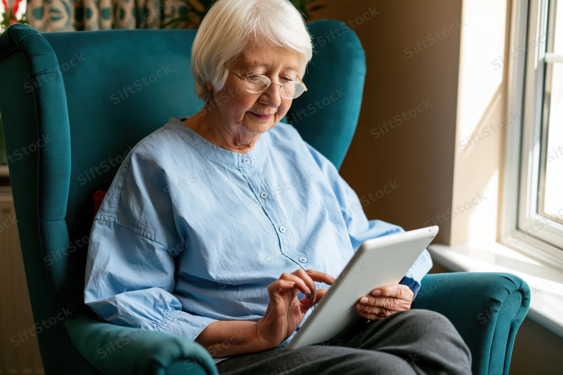 Senior woman using tablet while seated in armchair by window