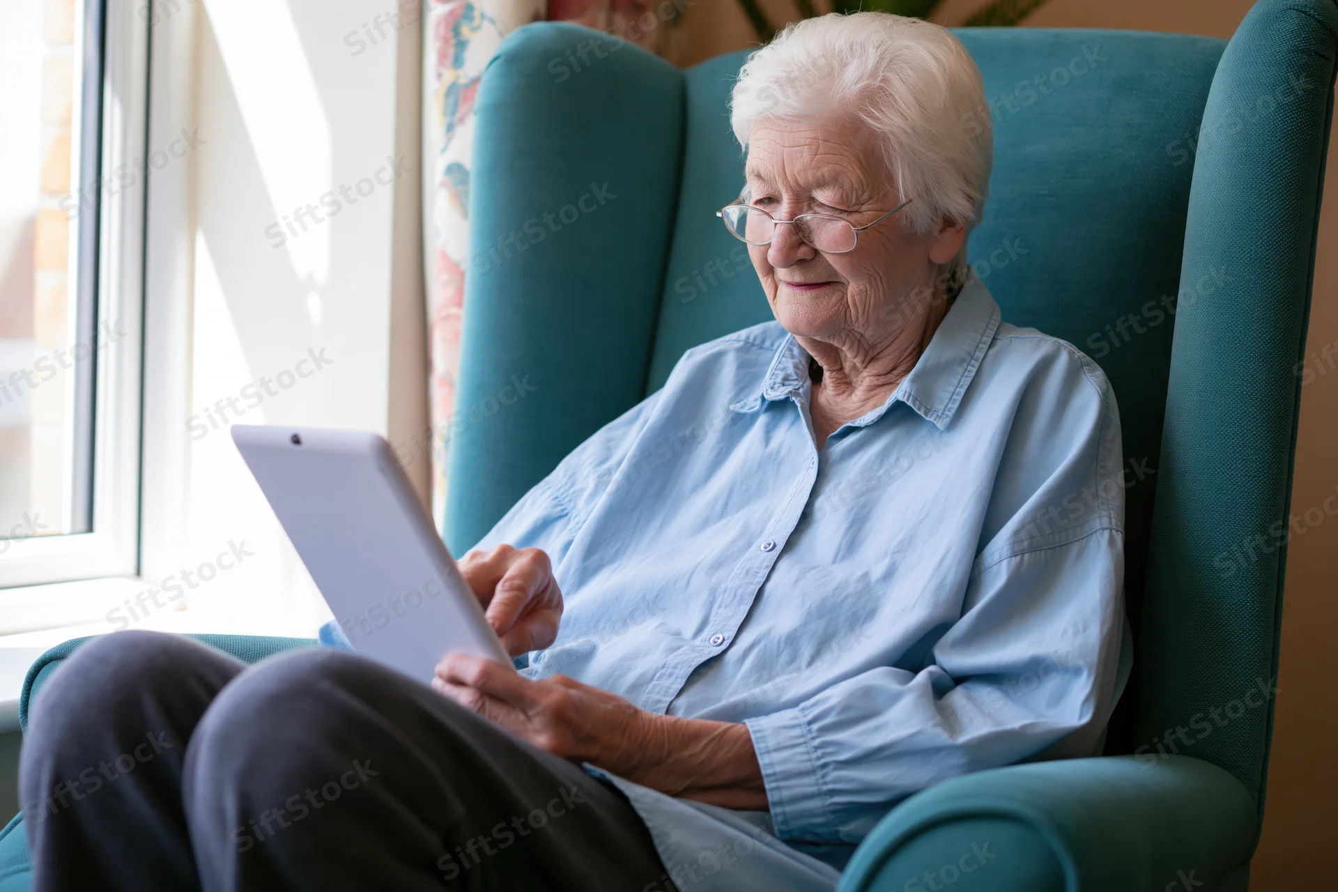 Elderly woman smiling while using tablet in armchair by window