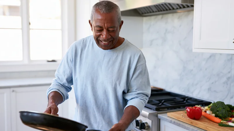 Senior africanamerican man smiling while cooking vegetables in a bright kitchen