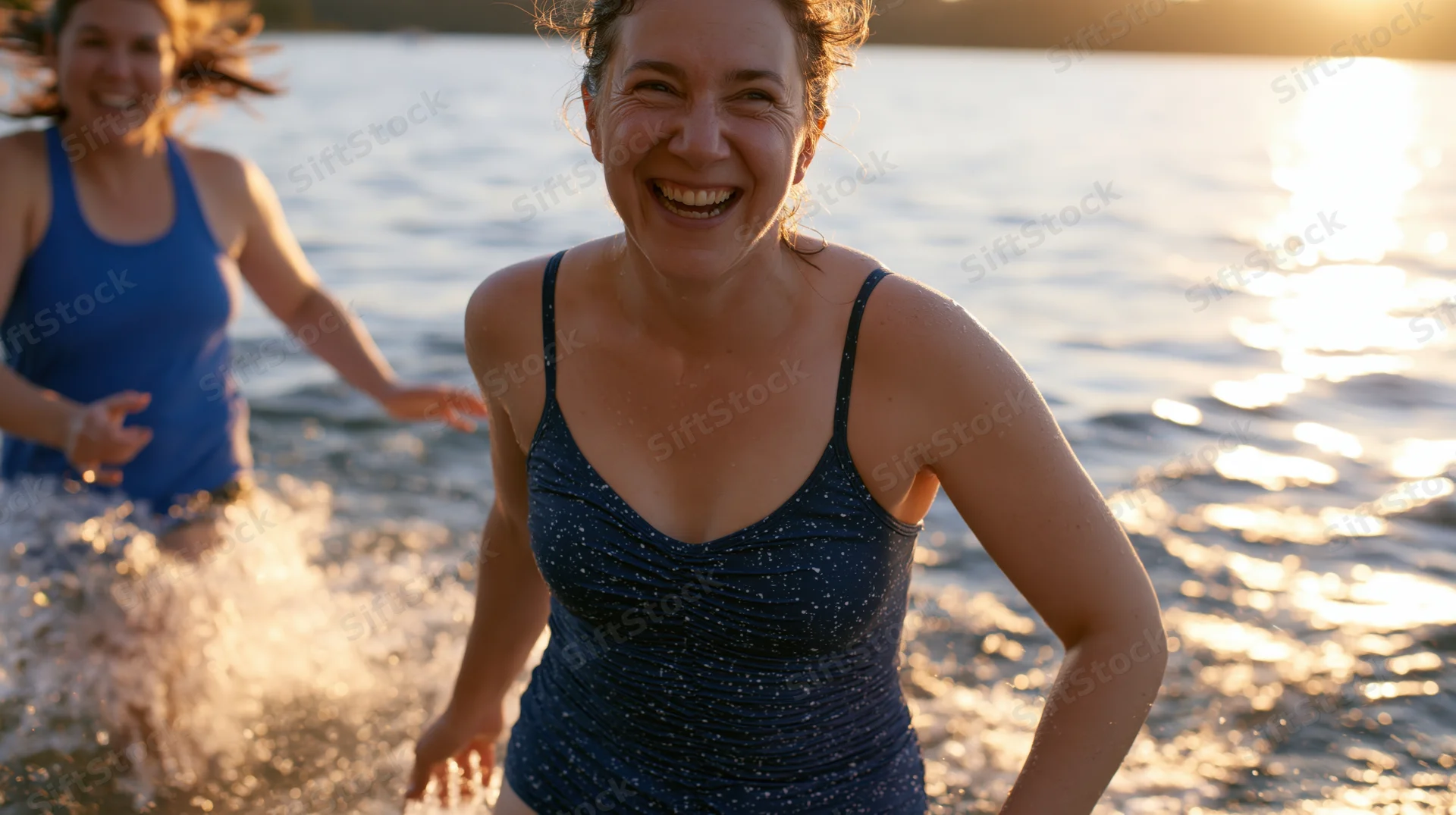 Woman laughing while splashing in lake water at sunset