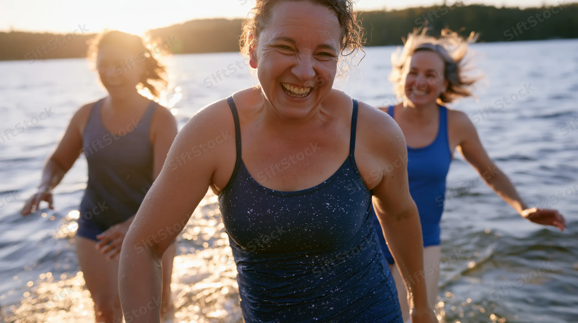Woman laughing while emerging from lake water with two friends behind her at sunset