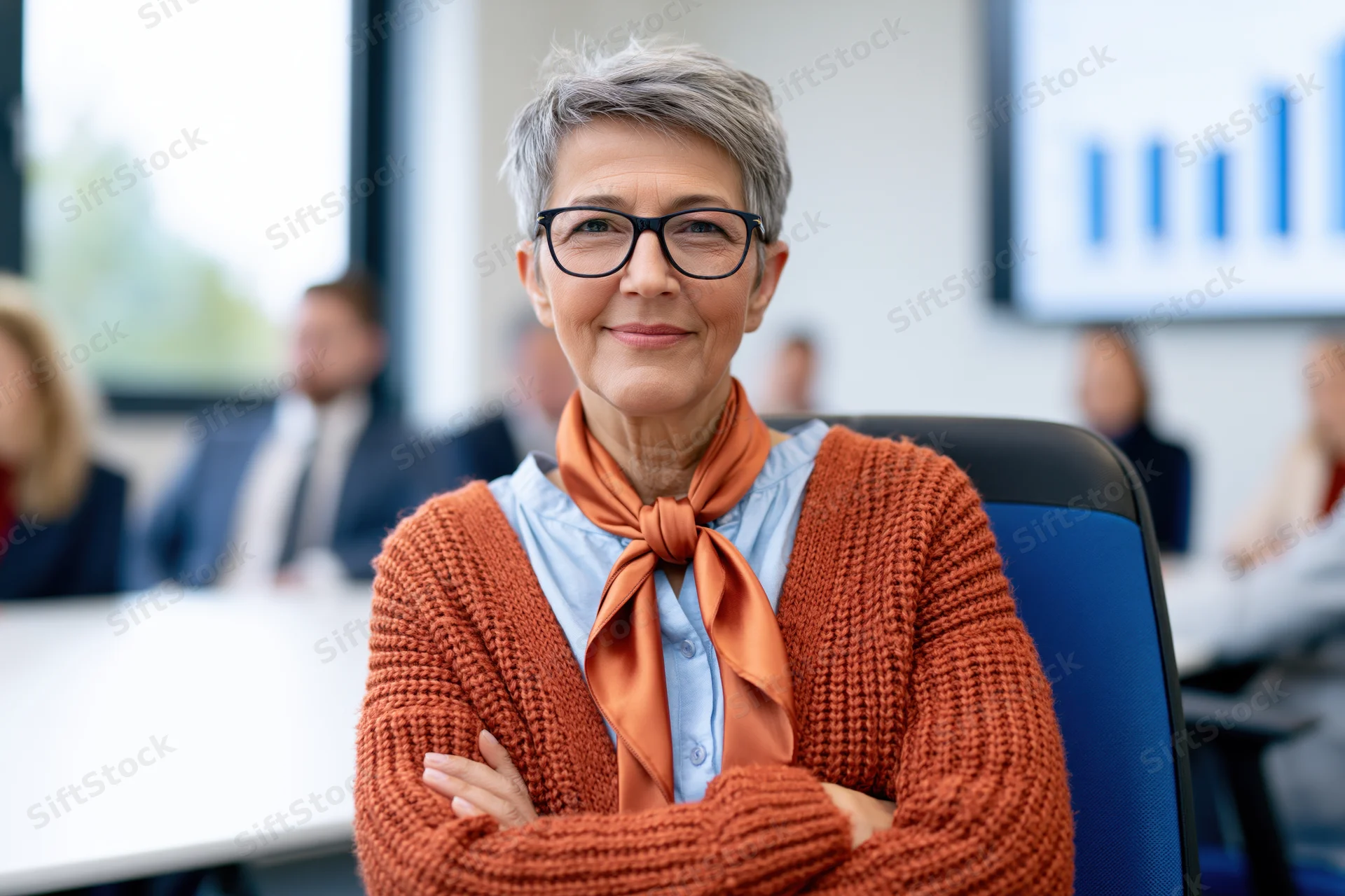 Senior woman in orange cardigan and scarf smiling with arms crossed during office meeting