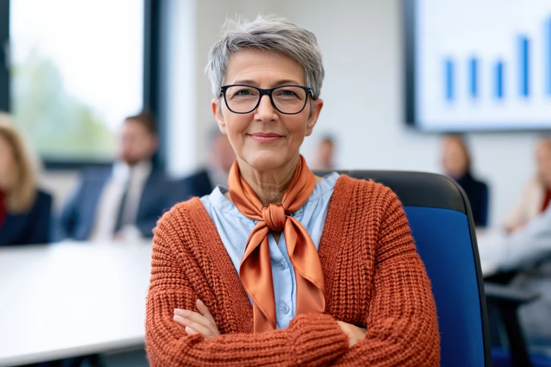 Senior woman in orange cardigan and scarf smiling with arms crossed during office meeting
